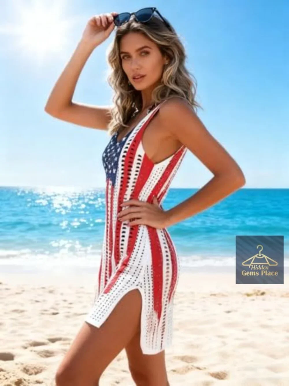 Women's Crochet Swimsuit Coverup Slit Beach Dress Hollow Out Sleeveless